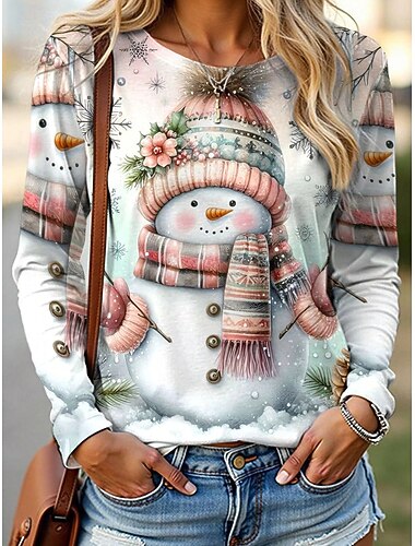  חג המולד בגדי ריקוד נשים חולצה קצרה גראפי איש שלג וינטאג' אופנתי מסוגנן שרוול ארוך צווארון עגול קצר חולצות רגילות יומי סוף שבוע דפוס לבן ורוד מסמיק סתיו חורף