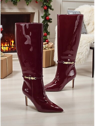  γυναικείες μπότες μέχρι το γόνατο σε μπορντό χρώμα από λουστρίνι με χρυσή αγκράφα, μυτερή μύτη, κομψό τακούνι στιλέτο, ιδανικές για Χριστούγεννα, γιορτινά πάρτι και εορταστικές περιστάσεις