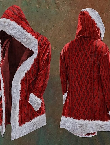  Christmas Miesten Kuvitettu Talvitakki Fleecetakki Takki Pidä lämpimänä Mukava Vapaa-aika Arki-asut Vetoketju Tasku 3D-tulostus Syksy Talvi Hupullinen Pitkähihainen Rubiini
