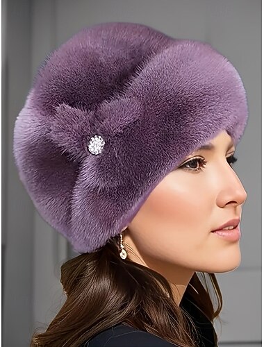  Damejulehatt i fuskepels med edelstensblomsterdetaljer, mykt plysjdesign i flere farger for vinterferien