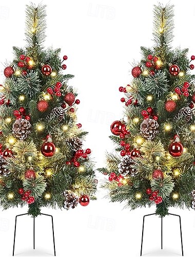  Choinki na zewnątrz, z oświetleniem, 30 cali, sztuczna choinka z oświetleniem, zasilana bateryjnie, dekoracja świąteczna na werandę, urna i wypełniacz do doniczki, czerwone jagody, szyszki, bombki