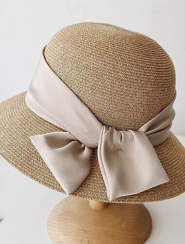 Cappelli Poliestere Cappello a secchiello Matrimonio Ferie Tè Spiaggia Corsa di Cavalli Elegante Vintage Protezione Solare Con Nastri Copricapo Copricapo