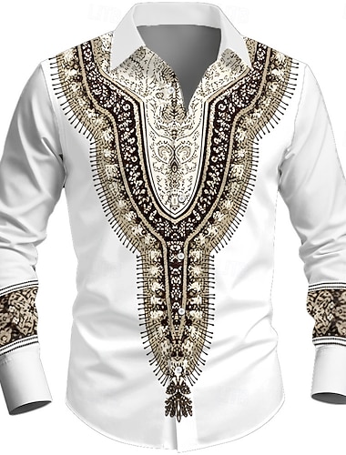  رجالي الأخلاق / الأفريقي الأزهار المعقدة الزهور قميص زر حتى القميص كم طويل ريترو خمر مناسب للعطلات كاجوال / يومي الربيع الخريف طوي طباعة ثلاثية الأبعاد قميص بياقة ابيض ازرق جمل / أبيض