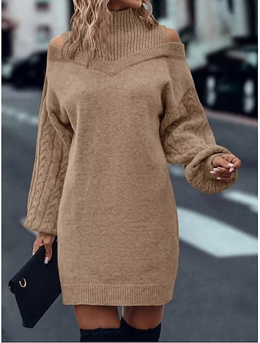  Damen Pullover Pullover Kleid Lässig Weich Einfarbig Gerippt Rollkragen Gestrickt Langarm Lange Oberteile Stricken Outdoor Täglich Wochenende Schwarz Grün Herbst Winter