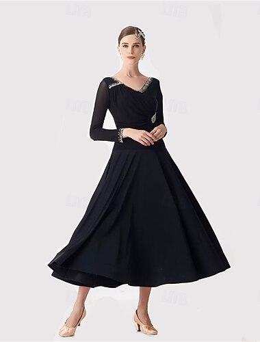  Vestido de baile de salón para mujer, elegante, con escote en V, manga larga, para competición de vals, tango y actuaciones, con detalles de diamantes de imitación, color negro.