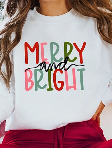  Χριστούγεννα Γυναικεία Μπλούζα Γράμμα Καθημερινό Μακρυμάνικο Στρογγυλή Ψηλή Λαιμόκοψη Κανονικά μπλουζάκια Καθημερινά Αργίες Εξόδου Στάμπα Λευκό Ανθισμένο Ροζ Ανοιχτό Γκρι Μπεζ Φθινόπωρο Χειμώνας