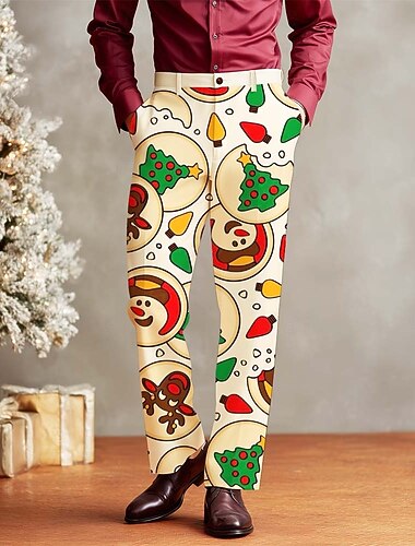  Karácsony Férfi Karácsonyfa Rénszarvas Hópehely Nadrág Kosztüm Öltöny nadrág Közepes csípő Alkalmi Szabadtéri Szabadság Egyenes szárú nadrág zsebekkel Ősz Tél 3D nyomtatás Fehér + sárgabarack Piros