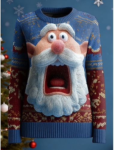  Weihnachtspullover für Damen, für den Alltag, lässig, Grafik, Weihnachtsmann, gerippt, Rundhalsausschnitt, gestrickt, bedruckt, langärmelig, normale Oberteile, Strick, Outdoor, Wochenende, Marineblau,