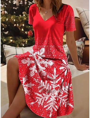  Jul Kvinners Snøfnugg Mini Kjole Sommer Kjole Fest Uformell Fest Daglig Ferieregular Passform Kortermet V Utringning Vin Lys Rød Rød Vår Høst Vinter