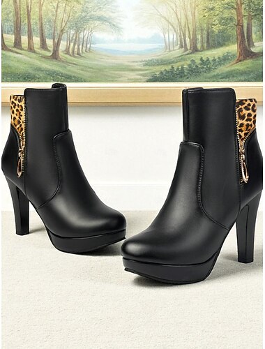  Schwarze High Heel-Stiefeletten für Damen mit Leopardenmuster am Schaft und seitlichem Reißverschluss, elegante Plateau-Booties für Partys, Nachtclubs &lässig-schicke Outfits