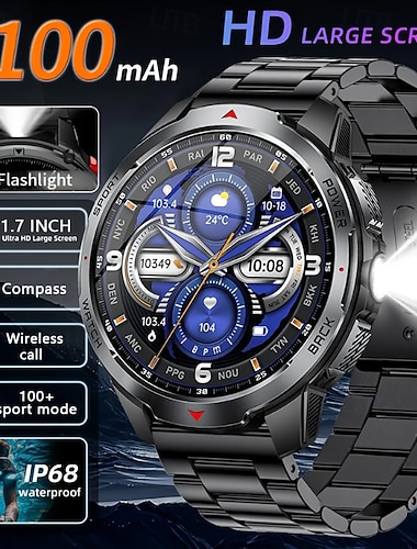  Orologio intelligente con torcia a LED per esterni, bussola KT88, chiamata Bluetooth, tracker fitness multisport da uomo, batteria di grandi dimensioni da 1100 mAh, smartwatch