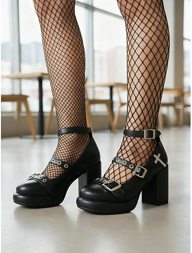  Γυναικείες γόβες Mary Jane με πλατφόρμα και γόβες με αγκράφα και σταυρωτή λεπτομέρεια - μαύρες, χοντρές γόβες για το Halloween, το cosplay και το φεστιβάλ ροκ μουσικής