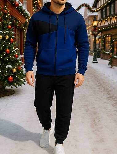  Natale Per uomo Tuta da 2 pezzi Felpa con cappuccio Lounge Felpa con zip intera Cerniera completa con tasca Blocco di colori Completo Abbigliamento Primavera Blu Viaggio Corsa Traspirante Manica Lunga
