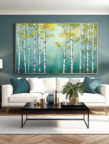  Handgemaltes Ölgemälde einer Silberbirke auf Leinwand, originale grüne Birkenwaldlandschaft, strukturiertes Kunstwerk, Schlafzimmerdekoration, Wohnzimmerwandgemälde