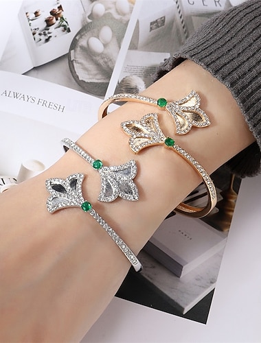  Bracelet Jonc Bracelet Le style rétro Classique Zircon Forme de Feuille Élégant ancien Mode Tendance Bracelet Bijoux Argent Doré Rond pour Mariage Soirée Cadeau Quotidien Fiançailles Bal de promo