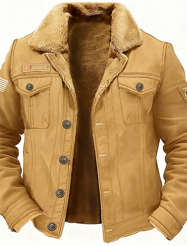  Voor heren Amerikaanse vlag Fleecejack Cargo-jack Sherpa jas Tactisch Thermisch Warm Vintage Buiten Huis Casual Geborduurd Meerdere zakken Winterjassen Herfst Winter Fleece omslagkraag Lange mouw