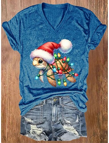  Natale Per donna Maglietta Grafico Animale Natale Vintage Elegante Classico Manica Corta Scollo a V Top Regolari Quotidiano Stampato Bianco Blu Azzurro cielo Verde Grigio Estate Primavera Autunno