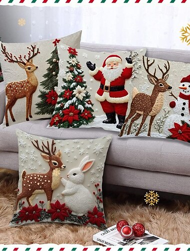 julörngott, linne soffkuddfodral med renar &kanin, dekorativ kudde med högtidsbohomotiv för festlig heminredning   julörngott, linne soffkuddfodral med renar &kanin, dekorativ kudde med högtidsbohomotiv för festlig heminredning