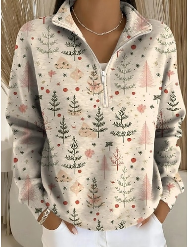  Juletrefest Damens Juletre Pullover Sweatshirt Casual Langermet Halvglidelås Vanlige Topper Hverdagsbruk Casual Hvit Blå Grønn Beige Høst Vinter