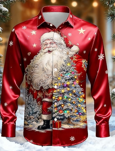  Natale Per uomo Babbo Natale Albero di Natale Scena di Natale Camicia Camicia in raso Camicia elegante Manica Lunga Moda Casual All'aperto Feste Ferie Primavera Autunno Collo ripiegato Stampa 3D