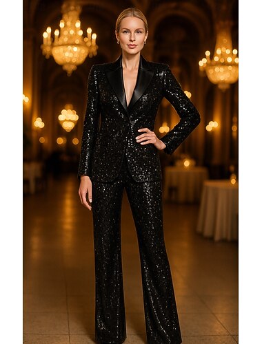  Mujer chaqueta Dos Piezas Formal Invitado a la boda Lentejuela Elegante Esmoquin Manga Larga Pico delgado Botonadura Simple