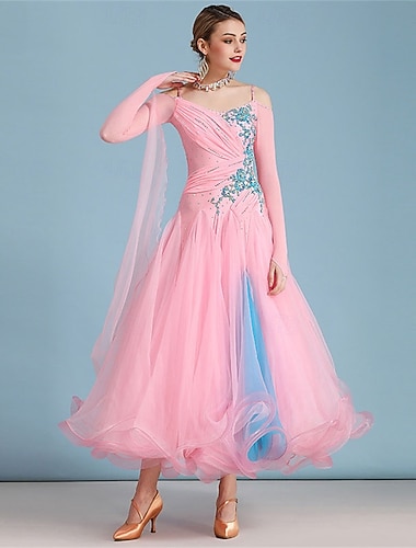  Kjole til ballroom-dans for kvinner, rosa og blå, blomsterprint, strass, lagdelt organza, elegant vals, tango, foxtrot, konkurranseopptredenskjole