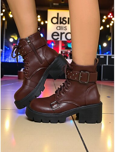  Damskie brązowe buty motocyklowe na platformie ze sztucznej skóry z paskami i klamrami, buty na grubym obcasie, sznurowane, idealne na występy k-popowych idoli na scenie tanecznej &moda uliczna