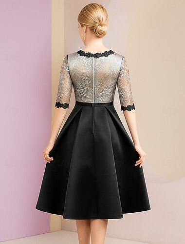  A-linje Te-lengde Festkjole Cocktail Kjole Kjole med vidt skjørt 3/4 ermer Crew-hals Elegant Årgang Luksuriøs Polyester Kjole til brudens mor med Blonder Plissert