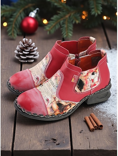  Damen Echtleder Stiefeletten in Rot handgefertigt mit künstlerischem Patchwork-Print, bequeme Chelsea-Stiefel im Vintage-Stil für Weihnachten, Winteroutfits &Feiertagstreffen