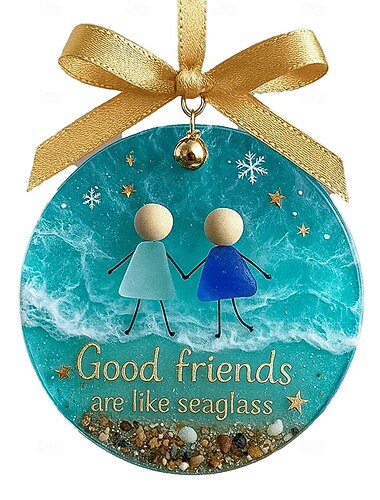  Vennskapsjulepynt i sjøglass i akryl, håndlaget vennskapsjulepynt i sjøglass til oppheng på juletreet, gaver til bestevenninne, vennskapsgaver