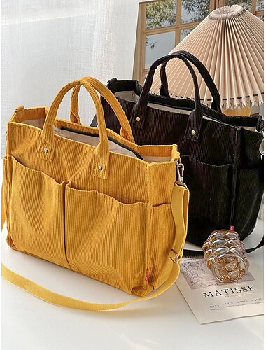 Dámská manšestrová taška s několika kapsami, ležérní vintage kabelka přes rameno, velkokapacitní crossbody kabelka pro každodenní nošení, do práce, na cestování a nakupování