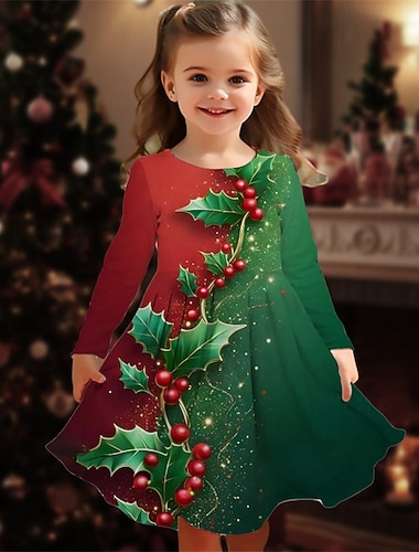  Karácsony Girls ' 3D Grafika Falevél Ruha Hosszú ujj Tavasz Ősz Vakáció Napi Szabadság Hercegnő gyönyörű Édes Gyerekek 4-12 év hétköznapi ruha A vonalú ruha Térdig érő Normál