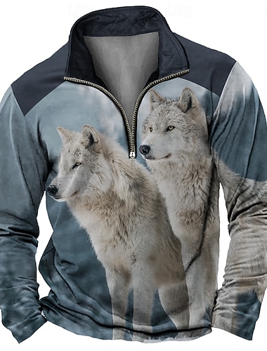  男性用 MOON オオカミ 3Dプリント スウェットシャツ スポーツ ファッション カジュアル 長袖 スタンド ファスナー アウトドア 家 パーティー ワーク ストリートウェア ブルー1 青2# 秋 オールシーズン デザイナー S M L XL XXL XXXL