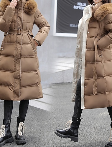  نسائي معطف شتوي أسفل سترة هوديي الدفء مريح سحاب جيب كاجوال ألوان متناوبة الأماكن المفتوحة عطلة فضفاض مناسب للعطلات طويلة مع قبعة عادي كم طويل ملابس خارجية أسود أبيض كاكي الخريف الشتاء