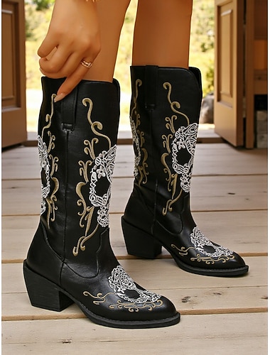  stivali da cowboy da donna in similpelle nera con teschio ricamato, design western, stivali da cowgirl con punta a punta e tacco a blocco per rodeo, concerti country &abiti da festival