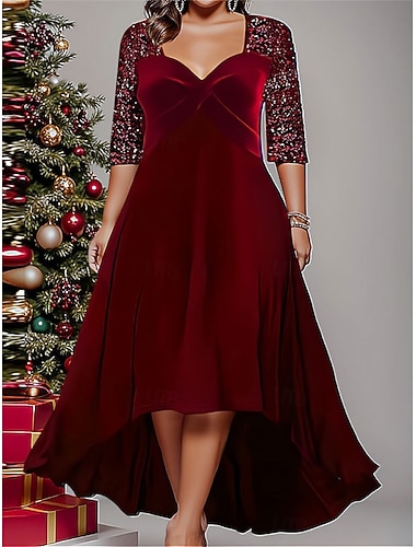  Női Extra méret Bársony ruha Tömör szín V-alakú Hosszú ujj Tavasz Ősz Elegáns Divat Modern Midi ruha Előírásos Karácsony Ruha