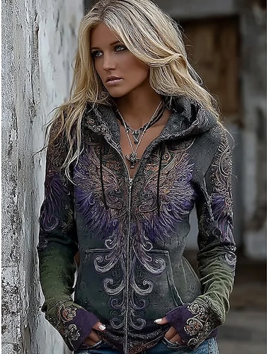  Női Cipzáras kapucnis pulóver Grafika Kockás Divat Alkalmi Hosszú ujj Kapucni Normál felsők Utca Hétköznapi Cipzár Zseb Nyomtatott Narancssárga Barna Lóhere Tavasz Ősz Tél