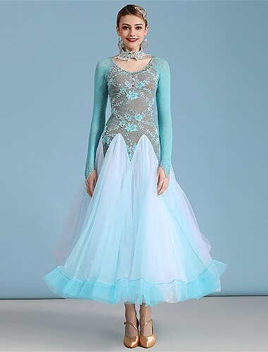  Damklänning för ballroomdans spetsapplikation lager-på-lager mesh elegant vals tango foxtrot tävlingsklänning – isblå