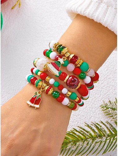 Damskie bransoletki z zawieszkami świątecznymi – świąteczne bransoletki z koralików w kolorze czerwonym i zielonym z zawieszkami w kształcie Świętego Mikołaja, płatka śniegu i choinki, idealne na świąteczne prezenty