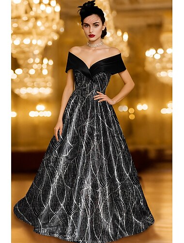  A-Linie Bodenlang Perlenbestickt Abendkleid Kleid der Brautmutter Abendkleid Ballkleid Festliche Kleidung Elegant Farbblock Hoher Schlitz Kurzarm Schulterfrei Hochzeit Formell Satin Paillettenbesetzt