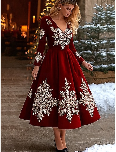  クリスマス レディース マキシドレス Aラインドレス バケーション カジュアル パーティー デイリー イブニング パーティー レギュラーフィット グラフィック ロングスリーブ Vネック ダークレッド ワイン 春 秋 冬