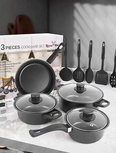  Tarttumaton kattila- ja paistinsetti, 13-osainen tarttumaton keittiövälinesetti, musta 13-osainen kattilasetti, tarttumaton keittokattila, maitokattila, paistinpannu, moniosainen kattilasetti