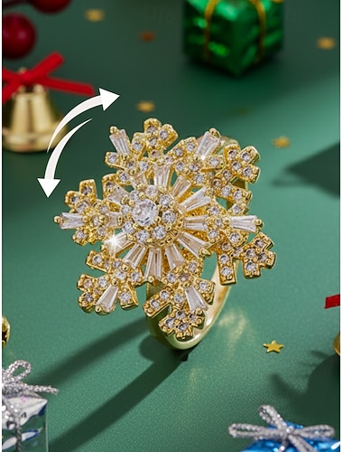 خاتم ندفة الثلج الدوار للنساء لعيد الميلاد، مجوهرات شخصية من الكريستال الذهبي والفضي قابلة للتعديل، خاتم كوكتيل أنيق للعطلات، مثالي للحفلات والهدايا