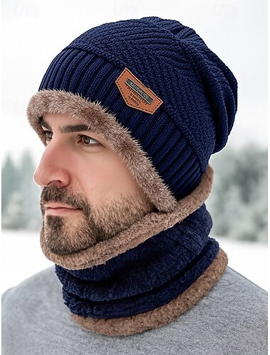  unisex gebreide muts en nekwarmer set, fleece gevoerd, winterwarm, 2-delig, gezellig kerstcadeau voor buitensporten, skiën en dagelijks gebruik