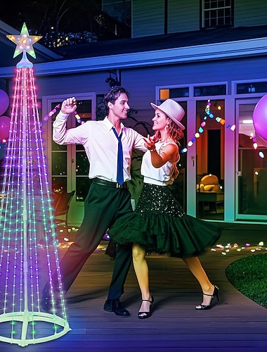  أضواء شجرة عيد الميلاد الخارجية، مخروط شجرة عيد الميلاد ملون مضاءة مسبقًا مع نجمة قمة، عرض ضوء LED شجرة للزينة الداخلية والخارجية