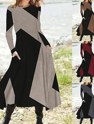  Жен. Платье средней длины Платье с принтом Винтаж Мода Современное Повседневные Праздники На выход Стандартный Геометрический принт Длинный рукав Вырез под горло Винный Коричневый Темно-серый Серый