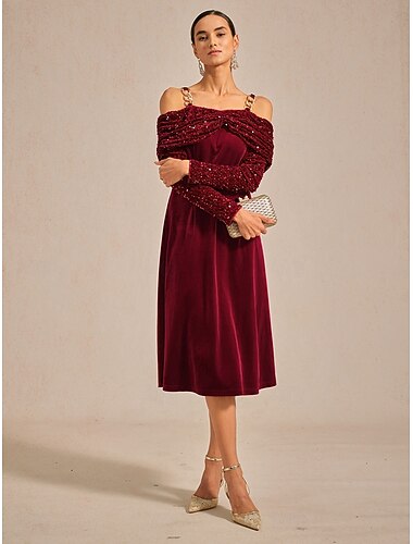  שמלת מידי לנשים חג המולד שמלת כתף פתוחה קטיפה סיקין אלגנטית מסיבה מסיבת קוקטייל גזרה רגילה צבע אחיד שרוולים ארוכים סגורים יין אביב סתיו חורף