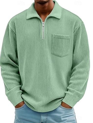  Homme Chemise en velours côtelé Polo Vacances Rue Zip quart manche longue Mode Basique Couleur Unie Avec Poches Automne Printemps & Automne Coupe régulière Noir Blanche bleu marine Violet Kaki Vert