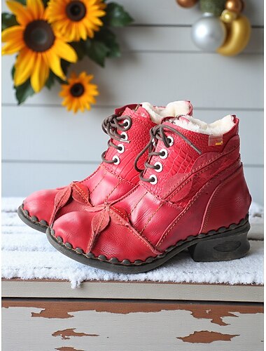  Rode enkellaarsjes met vetersluiting van echt leer voor dames met uniek gevouwen neusontwerp, warme fleecevoering, retro casual laarzen voor winteroutfits &buitenkleding