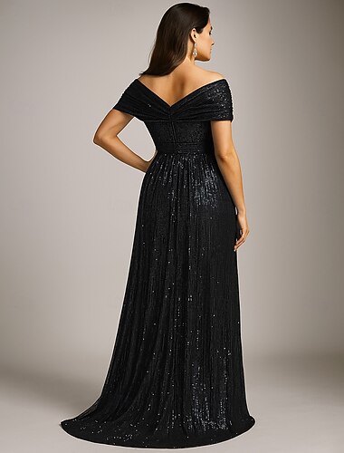  A-linje Golvlång Formell klädsel Aftonklänning Kortärmad V-hals Elegant Vintage Lyxig Elastan Polyester Klänning till brudens mor med Paljett